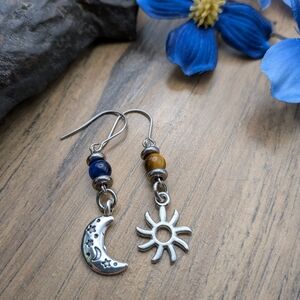 Silver Sun and Moon Earrings with Blue and Yellow Beads